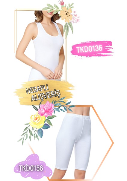 Kadın Ribana Geniş Askılı Atlet ve Diz Boy Kısa Tayt Takım 6'lı Set (12 Parça) TKD0136 - TKD0156