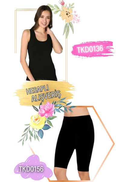 Kadın Ribana Geniş Askılı Atlet ve Diz Boy Kısa Tayt Takım 6'lı Set (12 Parça) TKD0136 - TKD0156 fırsatları
