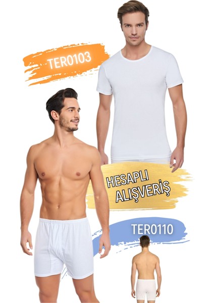 Erkek Penye Bisiklet Yaka Atlet ve Klasik Paça Boxer Takım 6'lı Set (12 Parça) TER0103 - TER0110