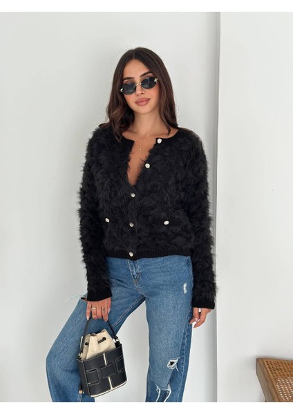 Kadın Incili Düğmeli Süs Cep Detaylı Sakallı Triko Hırka fiyatları