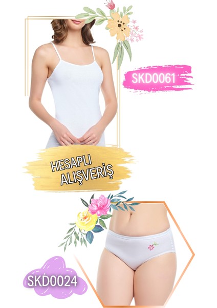 Kadın Ribana Ip Askılı Atlet ve Çiçek Desenli Külot Takım 6'lı Set (12 Parça) SKD0061 - SKD0024