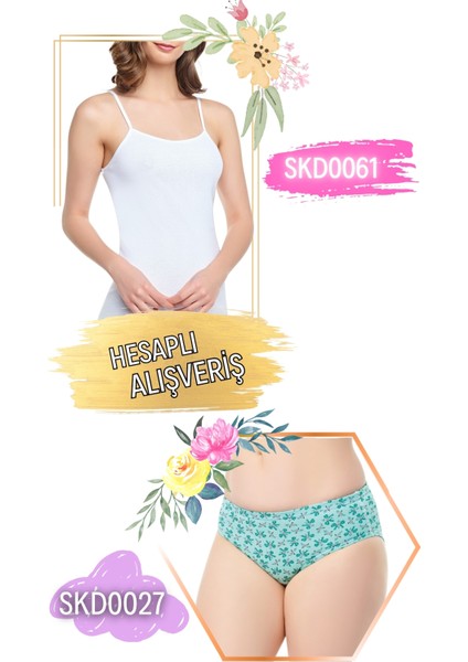 Kadın Ribana Ip Askılı Atlet ve Desenli Külot Takım 6'lı Set (12 Parça) SKD0061 - SKD0027