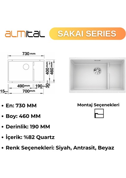 Granit Evye Sakai Series White 73X46 (Beyaz) Mutfak Eviyesi, Sepet Hazneli fırsatları