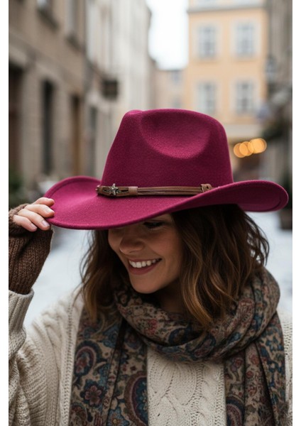 Deri Kemer Detaylı Bordo Nubuk Kovboy Şapkası