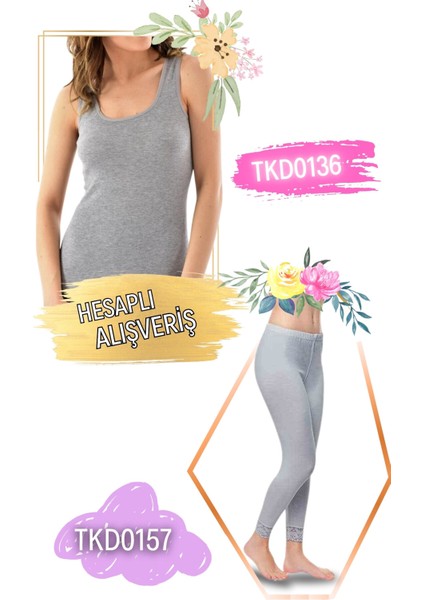 Kadın Ribana Geniş Askılı Atlet ve Uzun Tayt Dantelli Paça Takım 6'lı Set (12 Parça) TKD0136 - TKD0157