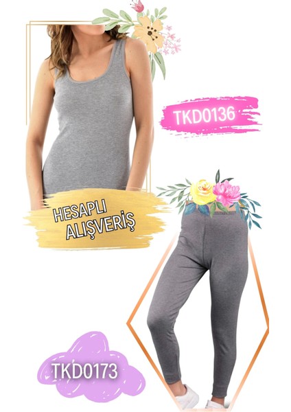 Kadın Ribana Geniş Askılı Atlet ve Düz Kesim Uzun Tayt Takım 6'lı Set (12 Parça) TKD0136 - TKD0173