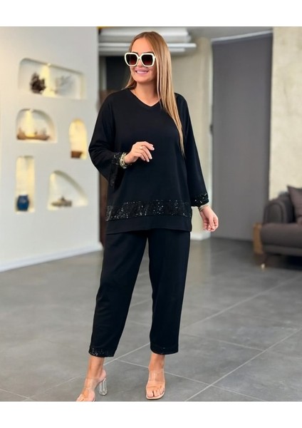 Kadın Uzun Kollu V Yakalı Pulpayet Viskon Iki Iplik Bluz ve Pantolon Takım