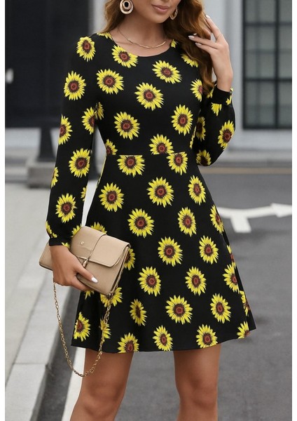 Aknbutik Kadın Uzun Kollu Bisiklet Yaka Desenli Kısa Krep Elbise modelleri