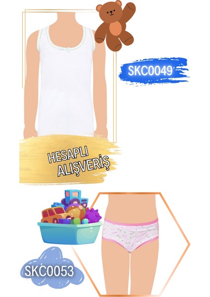 Kız Çocuk Geniş Askılı Oya Detaylı Atlet ve Emprime Biyeli Bato Külot Takım 6'lı Set (12 Parça) SKC0049 - SKC0053