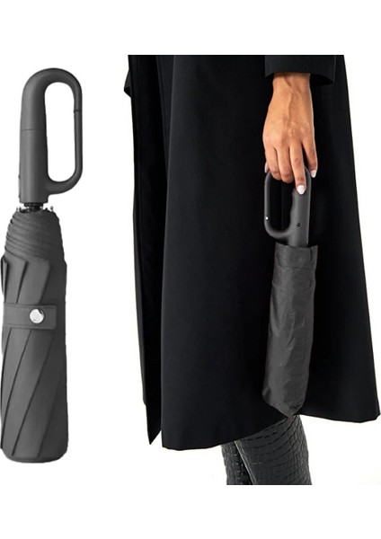 10 Fiber Telli Tam Otomatik Şemsiye Güçlendirilmiş Telli Kanca Saplı Şemsiye - Gri