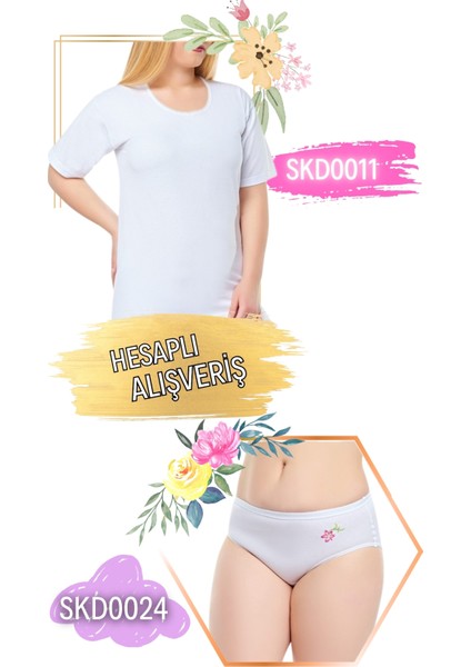 Kadın Kollu Kaşkorse Atlet ve Çiçek Desenli Külot Takım 6'lı Set (12 Parça) SKD0011 - SKD0024