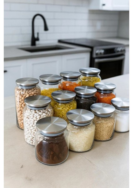 12'li Metal Kapaklı Kavanoz Seti -Etiketli-Baharatlık Erzak BAKLIYATLIK-500ML 750ML 1000 ml