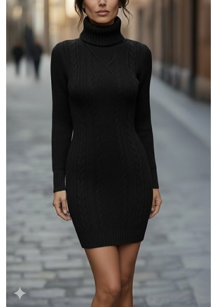 Kadın Uzun Kollu Balıkçı Yaka Kısa Triko Elbise modelleri