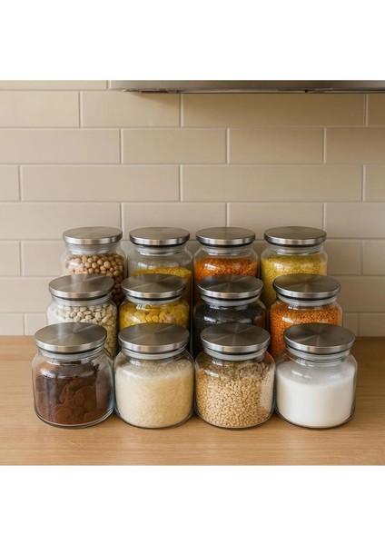 12'li Metal Kapaklı Kavanoz Seti -Etiketli-Baharatlık Erzak BAKLIYATLIK-500ML 750ML 1000 ml