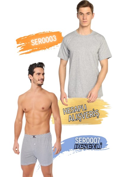 Erkek Sıfır Yaka Penye Atlet ve Desenli Boxer Takım 6'lı Set (12 Parça) SER0003 - SER0007