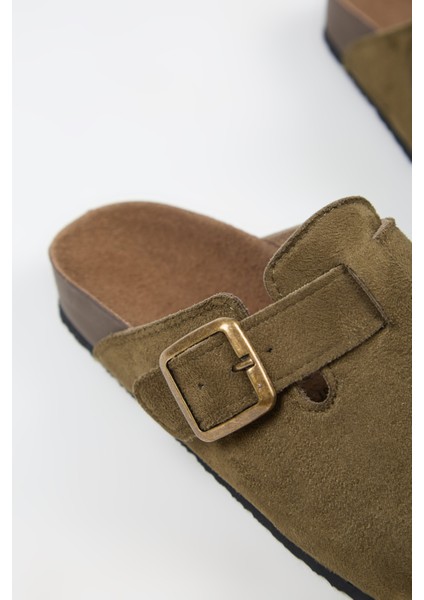 Nomiento Cancun Kadın Vegan Deri Tokalı Haki Sabo Terlik modelleri