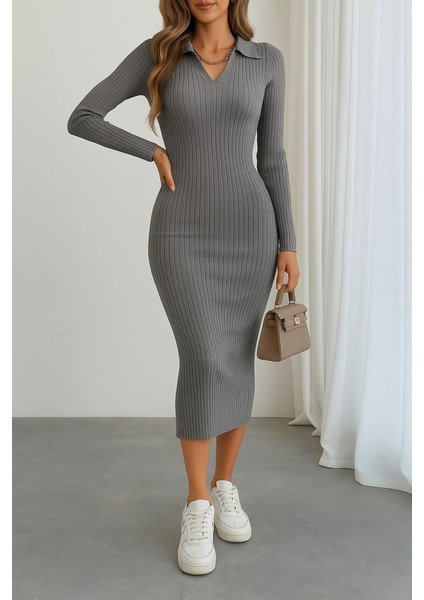 Kadın Uzun Kollu Yakalı Triko Elbise modelleri