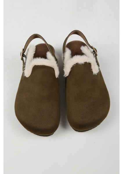 Lapaz Kürklü Kadın Vegan Deri Tokalı Haki Sabo Terlik