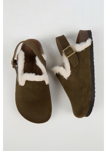 Lapaz Kürklü Kadın Vegan Deri Tokalı Haki Sabo Terlik modelleri