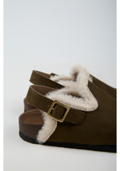 Lapaz Kürklü Kadın Vegan Deri Tokalı Haki Sabo Terlik fırsatları