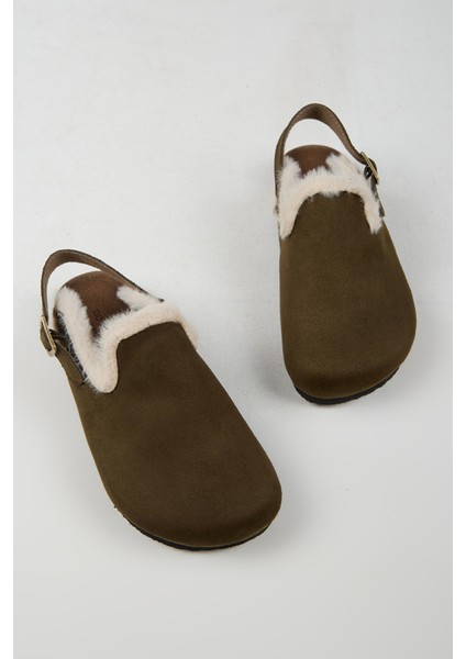 Lapaz Kürklü Kadın Vegan Deri Tokalı Haki Sabo Terlik indirimleri