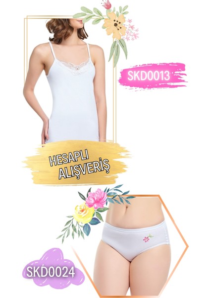 Kadın Ip Askılı Hazır Yaka Atlet ve Çiçek Desenli Külot Takım 6'lı Set (12 Parça) SKD0013 - SKD0024