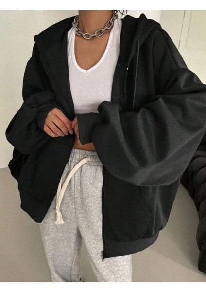 Punıx Büyük Beden Super Oversıze Kapüşonlu Fermuarlı Kalın Kışlık Battal Kadın Sweatshırt