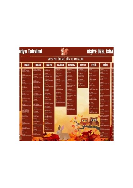 2025 Kişiye Özel Sosyal Medya Takvimi - Özel Günlerle Dolu Eğlenceli Duvar Afişi Sonbahar