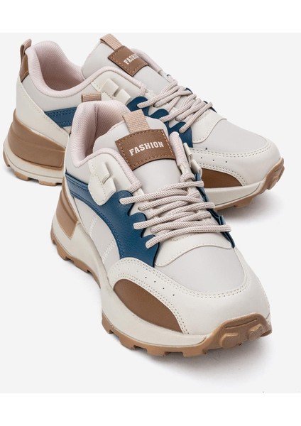 Bağcılklı Kadın Spor Ayakkabı Bej Petrol Taba