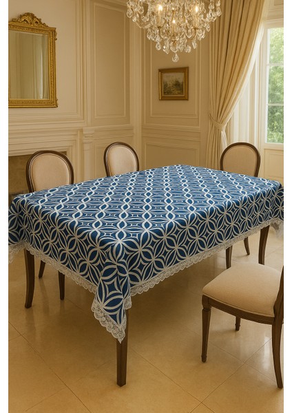 Lüks Lacivert Masa Örtüsü Dantel Kenarlı Silinebilir Kumaş Modeli fırsatları