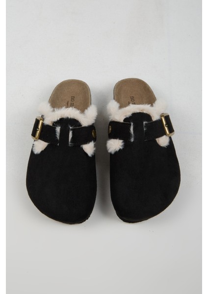 Cancun Kürklü Kadın Vegan Deri Tokalı Siyah Sabo Terlik
