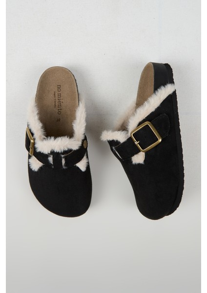 Cancun Kürklü Kadın Vegan Deri Tokalı Siyah Sabo Terlik modelleri