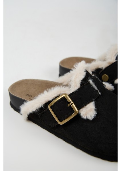 Cancun Kürklü Kadın Vegan Deri Tokalı Siyah Sabo Terlik fırsatları