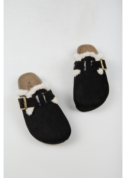 Cancun Kürklü Kadın Vegan Deri Tokalı Siyah Sabo Terlik indirimleri