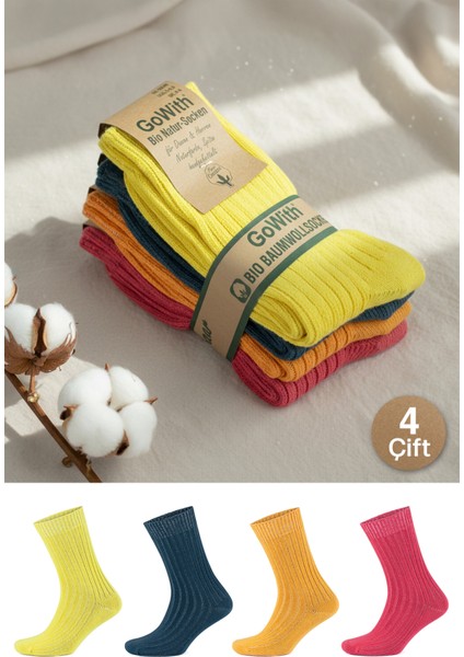 4 Çift Kadın Erkek Renkli Bio Naturel %100 Doğal Pamuklu Ribana Örgü Dikişsiz Soket Çorap 3014