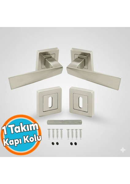 Kare Rozetli Nikel Inox Oda Kapı Kolu (1 Takım: 2 Adet Kol + 2 Adet Rozet + Bağlantı Demiri)