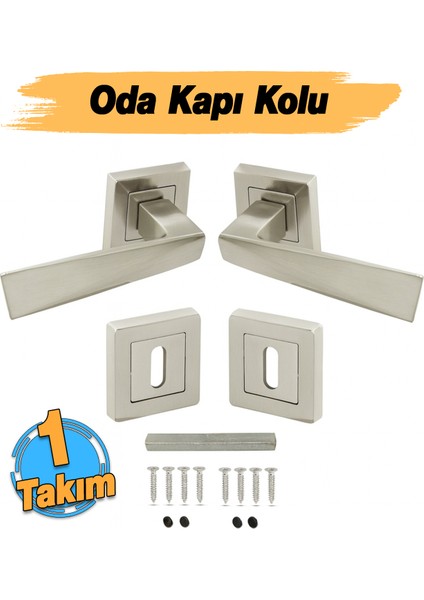 Kare Rozetli Nikel Inox Oda Kapı Kolu (1 Takım: 2 Adet Kol + 2 Adet Rozet + Bağlantı Demiri) fiyatları