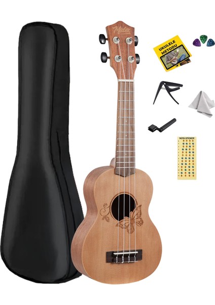 SPA-261 Ladin Ağacı Kelebek Desenli Kaliteli Soprano Ukulele Seti