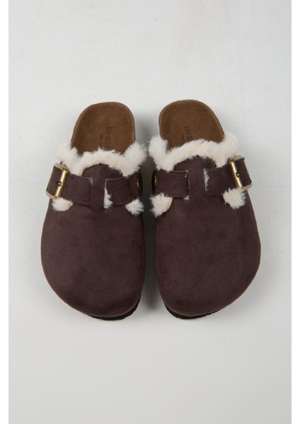 Cancun Kürklü Kadın Vegan Deri Tokalı Kahverengi Sabo Terlik