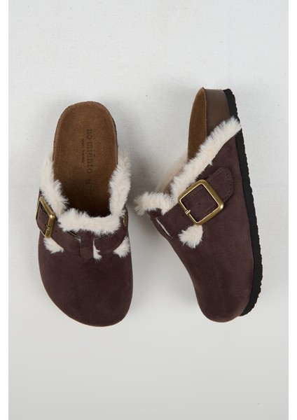 Cancun Kürklü Kadın Vegan Deri Tokalı Kahverengi Sabo Terlik modelleri