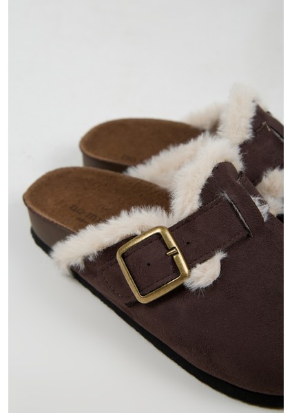 Cancun Kürklü Kadın Vegan Deri Tokalı Kahverengi Sabo Terlik fırsatları