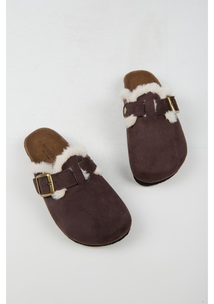 Cancun Kürklü Kadın Vegan Deri Tokalı Kahverengi Sabo Terlik indirimleri