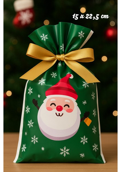 Yılbaşı Hediye Kesesi Noel Baba Desen Büyük Boy Yılbaşı Hediyelik Kese Poşet 15X22,5CM 5li Paket