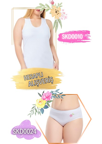 Kadın Kaşkorse Kalın Askılı Penye Atlet ve Çiçek Desenli Külot Takım 6'lı Set (12 Parça) SKD0010 - SKD0024