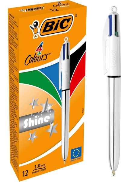 4 Colours Gümüş Gövde Tükenmez 12'li Kutu, 4 Renk (Mavi, Siyah,yeşil ve Kırmızı), 1.0 Mm. Uç