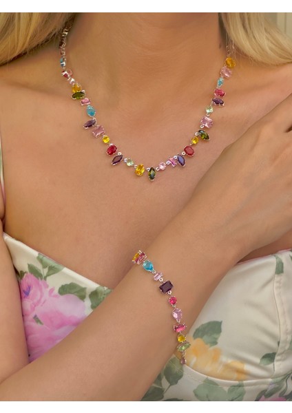 Gema Kolye ve Bileklik Seti Zirkon Renkli Taşlı Kolye ve Bileklik