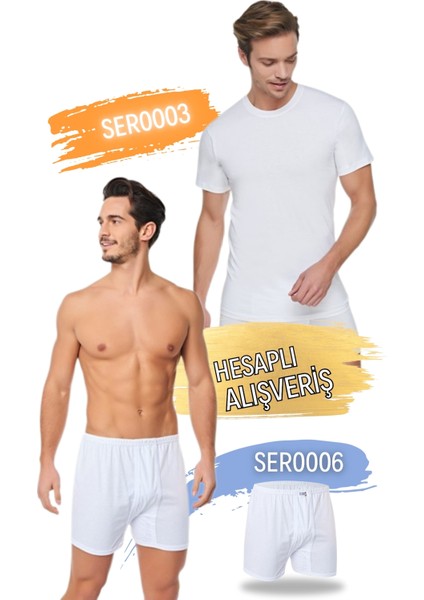 Erkek Sıfır Yaka Penye Atlet ve Klasik Kesim Boxer Takım 6'lı Set (12 Parça) SER0003 - SER0006