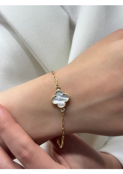 14 Ayar Altın Beyaz Sedefli Yonca Ataç Bileklik