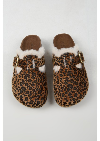 Cancun Kürklü Kadın Vegan Deri Tokalı Leopar Sabo Terlik