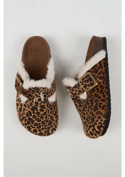 Cancun Kürklü Kadın Vegan Deri Tokalı Leopar Sabo Terlik modelleri
